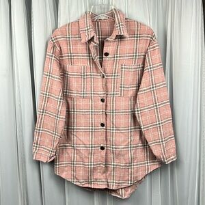 Miss Sparkling Button Down Pink White Plaid Silver Buttons Shirt Shacket Women M